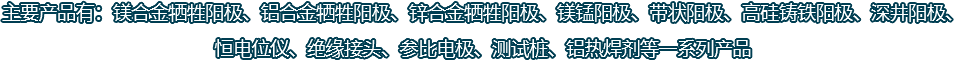 主要產(chǎn)品有：鎂合金犧牲陽(yáng)極、鋁合金犧牲陽(yáng)極、鋅合金犧牲陽(yáng)極、鎂錳陽(yáng)極、帶狀陽(yáng)極、高硅鑄鐵陽(yáng)極、深井陽(yáng)極、恒電位儀、絕緣接頭、參比電極、測(cè)試樁、鋁熱焊劑等一系列產(chǎn)品